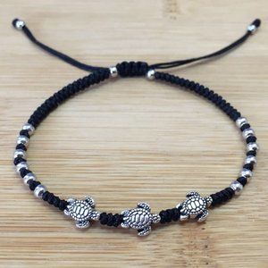 Braided Silver Turtle Black String Adjustable Bracelet